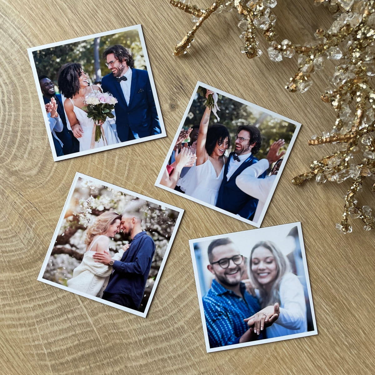 Custom wedding photo magnets featuring couples on their big day, perfect personalized anniversary gift and unique wedding favor keepsakes.
