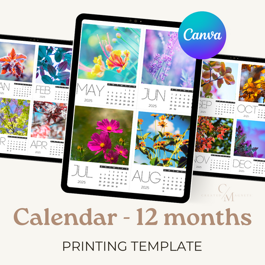 Colorful 12-month calendar template displayed on tablets, featuring vibrant floral photos for each month, designed for creating custom magnets and prints in Canva.