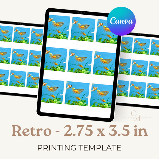 Retro 2.75 x 3.5 inch Canva printing template displayed on tablets, featuring colorful fish photos in vintage-style frames for custom magnets and prints.