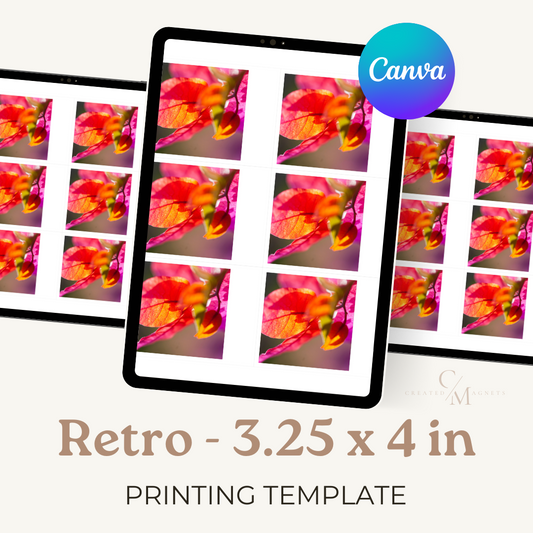 Retro 3.25x4 inch Canva printing template displayed on tablets, featuring colorful flower photos in vintage-style frames for custom magnets and prints
