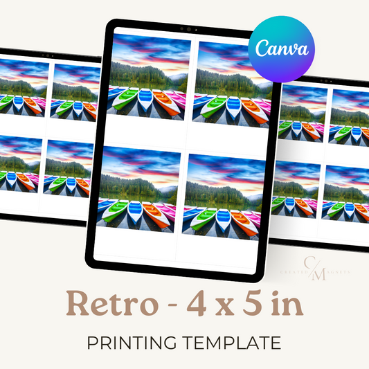 Retro 4x5 inch Canva printing template displayed on tablets, featuring colorful boats on the water and sunset photos in vintage-style frames for custom magnets and prints