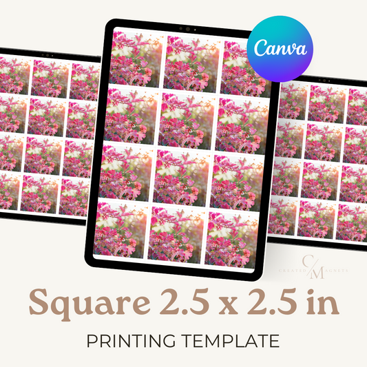 Square 2.5x2.5 inch printing template available for Canva as a download. 
