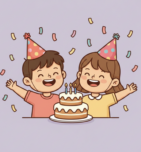 Cartoon children with birthday cake and hats on a light purple background