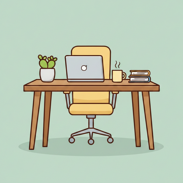 Illustration of a home office desk with a chair, laptop, mug, and books on a light green background.