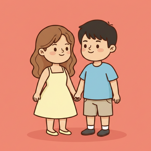 Cartoon illustration of a boy and girl holding hands on a red background