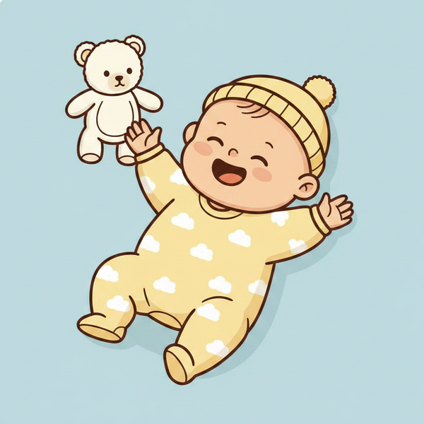 Cartoon baby in a yellow onesie and hat holding a teddy bear against a light blue background