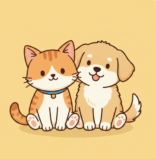 Cartoon cat and dog sitting together on a yellow background