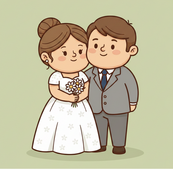 Cartoon illustration of a bride and groom on a light green background